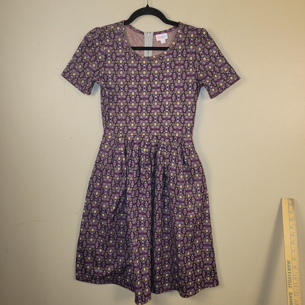 LuLaRoe Womens Black Purple Short Sleeve Fit & Flare Knee Length Dress Sz Small